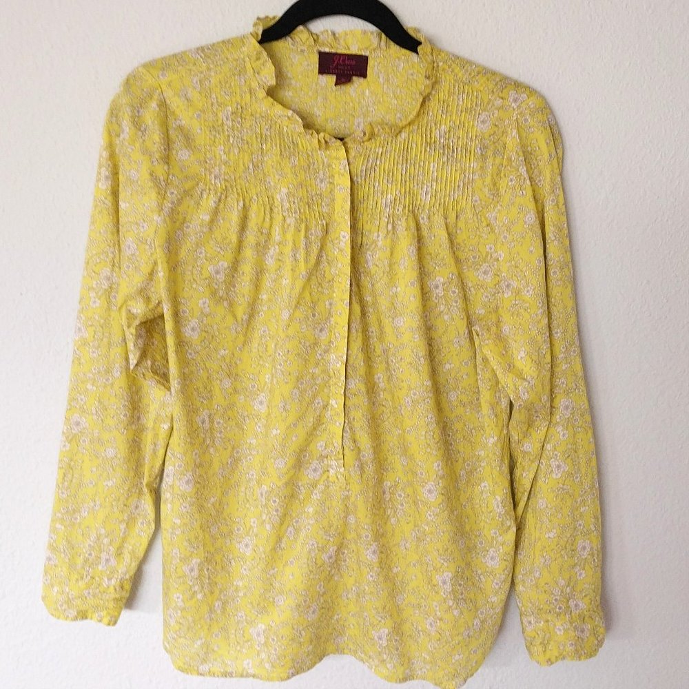 J. Crew Liberty Fabric Yellow & White Floral Print Ruffle Pintuck Collar Blouse